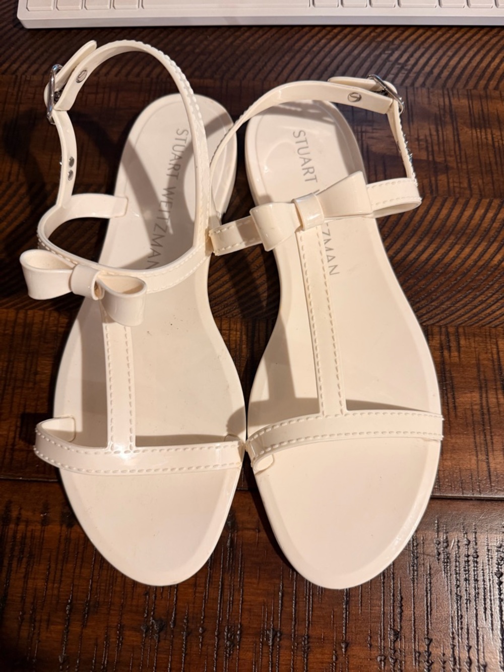 Stuart Weitzman Ivory Bow T-Strap Sandals